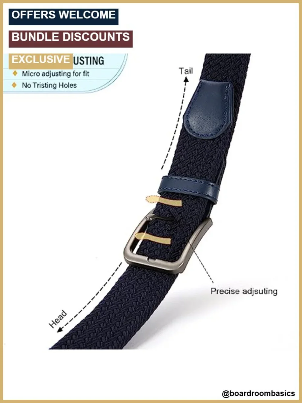 Braided Stretch Belt for Men, Elastic Woven Fabric Belt, No Hole, Casual & Golf